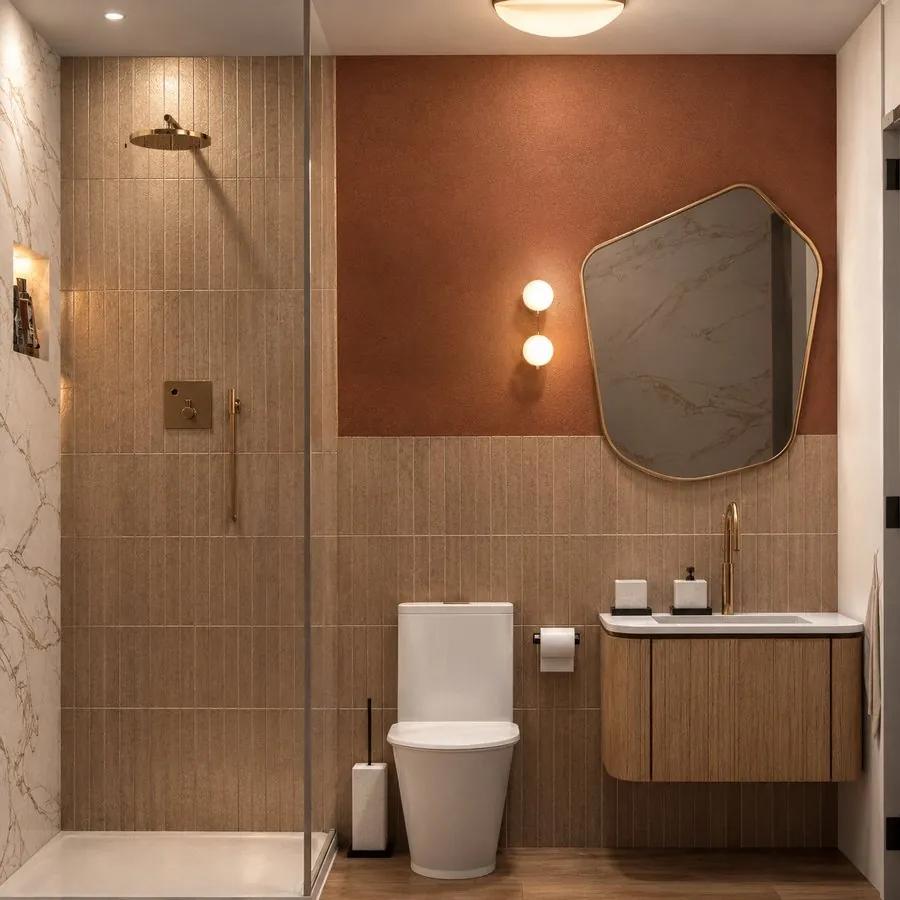 Salle de bain aux teintes terracotta, marbre veiné et laiton, rendu Atelier TMC